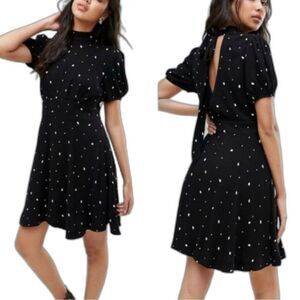 Free People Abbie Printed Polka Dot Dress size 2 Black White Mod Traditional